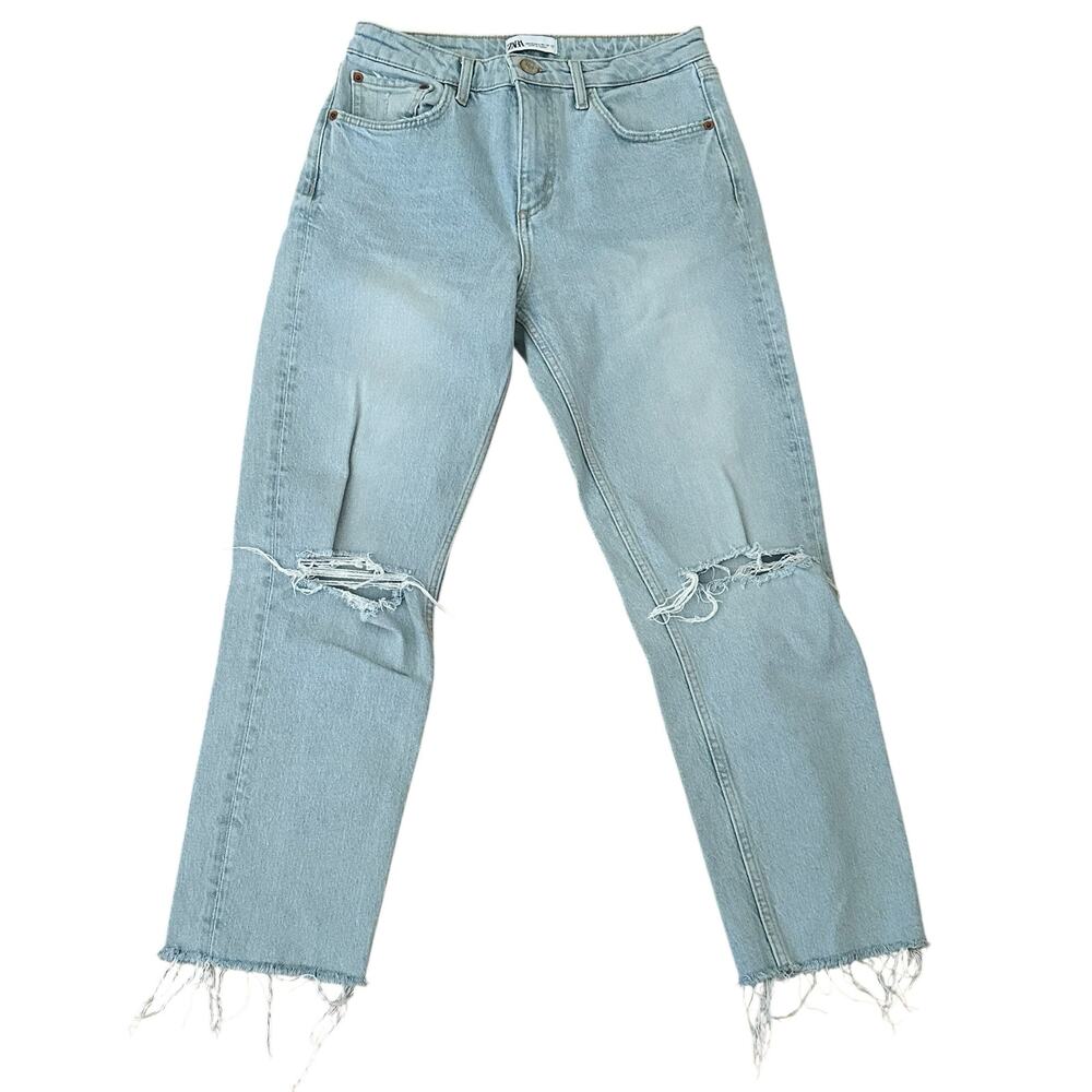 Zara Women Intentionally Distressed Raw Hem 5 Pocket Design Blue Jean Size 6